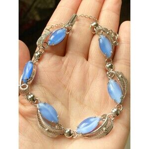 Vintage sterling silver filigree faux blue moonstone Bracelet